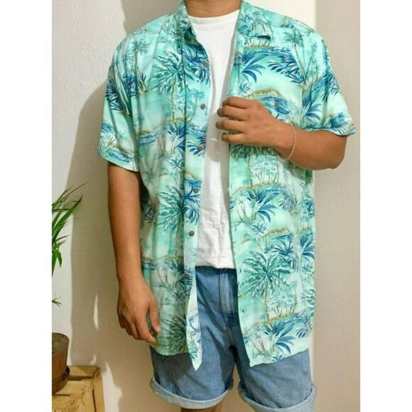 Windham Pointe Vintage Hawaiian Button Down Shirt Blue Palms‎ Trees Size Large - Picture 2 of 10